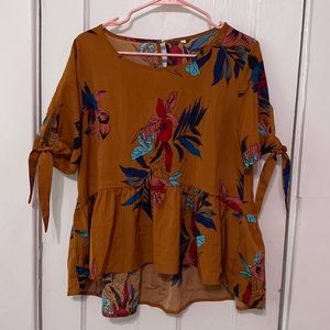 Mustard Yellow Floral Peplum Blouse w/ Self-Tie Sleeves (L)